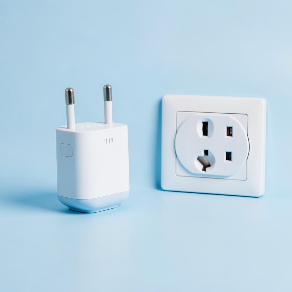 Universal travel adaptor next to a Vietnamese power outlet